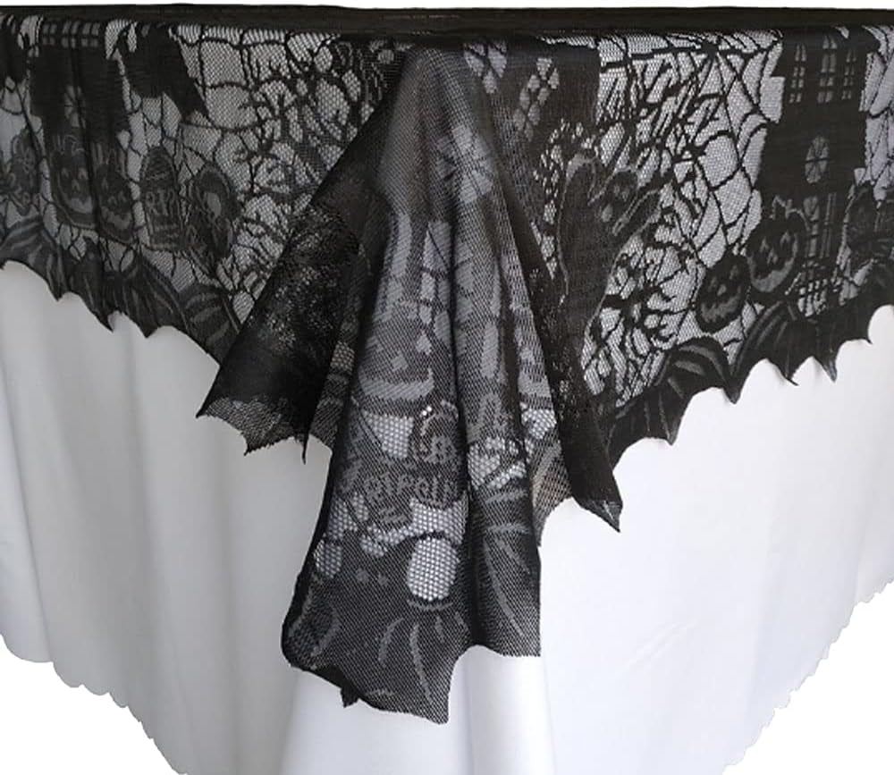 Halloween Tablecloth - Gothic Black Lace Spider Web Table Cover for Halloween Masquerade, Dinner Party, Scary Movie Nights Table Decorations - 53X68 Inches