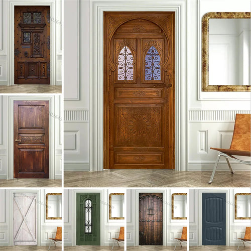 3D Realistic Printed Wooden Pattern Home Decoration Removable Door Sticker Vintage Door Wallpaper Peel and Stick Home Decoration