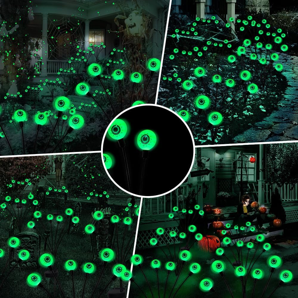 Halloween Decorations Outdoor Solar Scary Eyeball Lights,2Packs 12LED Green Eyeball Swaying Firefly Lights,Waterproof Solar Halloween Path Lights for Yard/Garden/Lawn/Party Decor