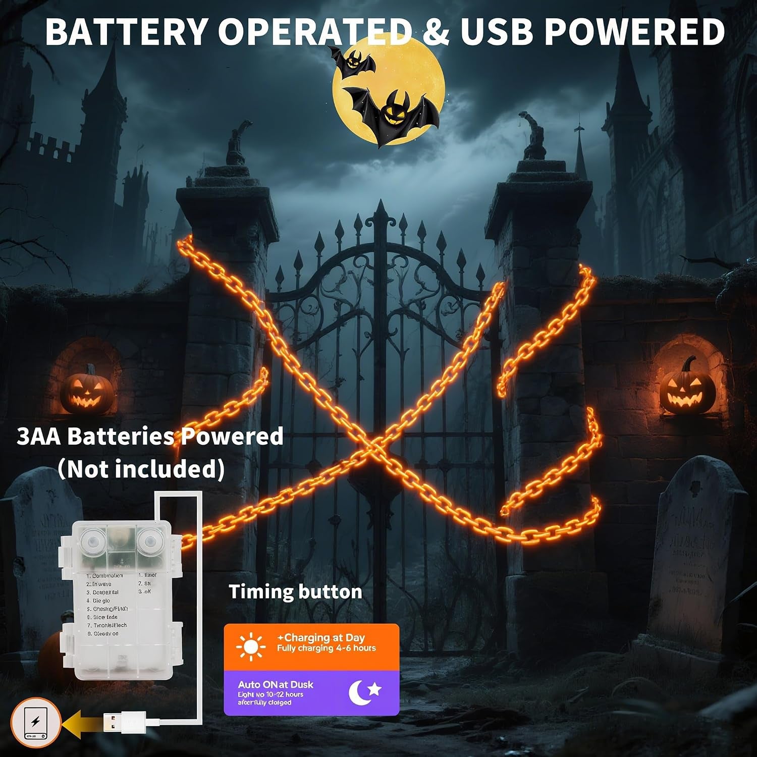 Halloween Chain String Lights, 175 LED 13.7FT Orange Battery USB