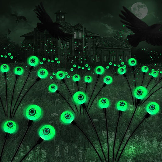 Halloween Decorations Outdoor Solar Scary Eyeball Lights,2Packs 12LED Green Eyeball Swaying Firefly Lights,Waterproof Solar Halloween Path Lights for Yard/Garden/Lawn/Party Decor