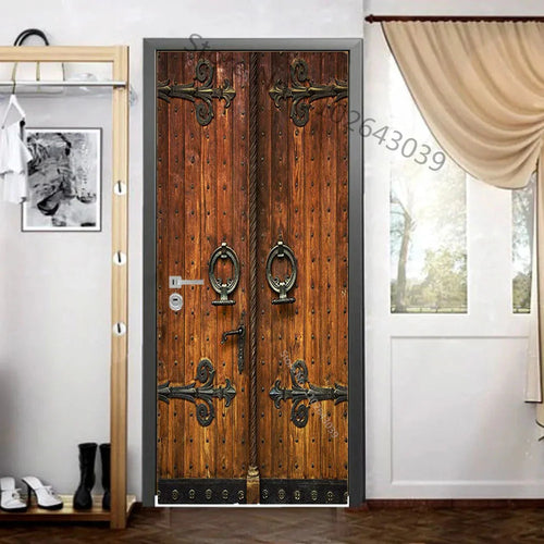 3D Realistic Printed Wooden Pattern Home Decoration Removable Door Sticker Vintage Door Wallpaper Peel and Stick Home Decoration