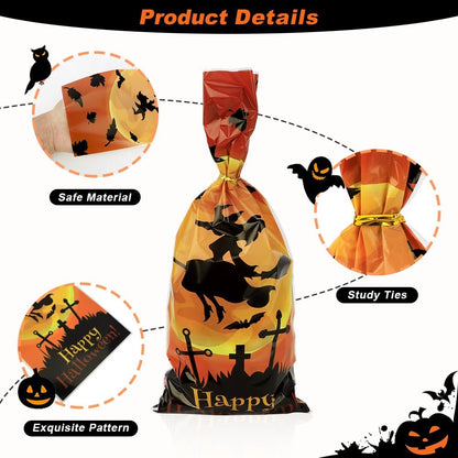 Halloween Treat Bags, Halloween Cellophane Treat Bags, 50 PCS Halloweens Candy Bag, Plastic Cello Cookie Goodies Gift Bag with 50Pcs Ties for Halloweens Trick or Treat Party Favors Supplies, 4 Style
