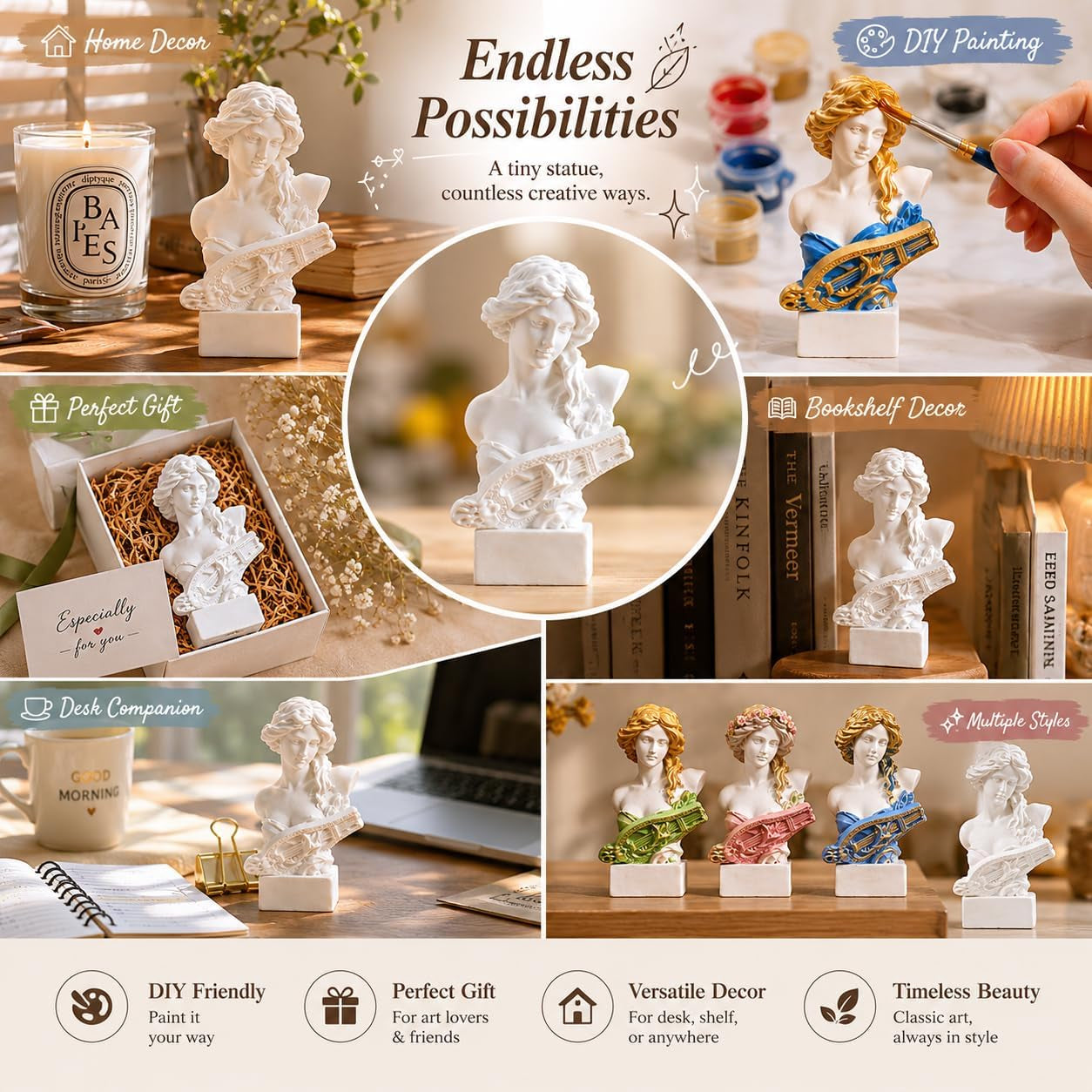 Resin Bust Statue 2.95 Inch Plaster Figurines Mini Home Decoration Sculpture White for Art Hobbyist-Artemis, Home Decoration