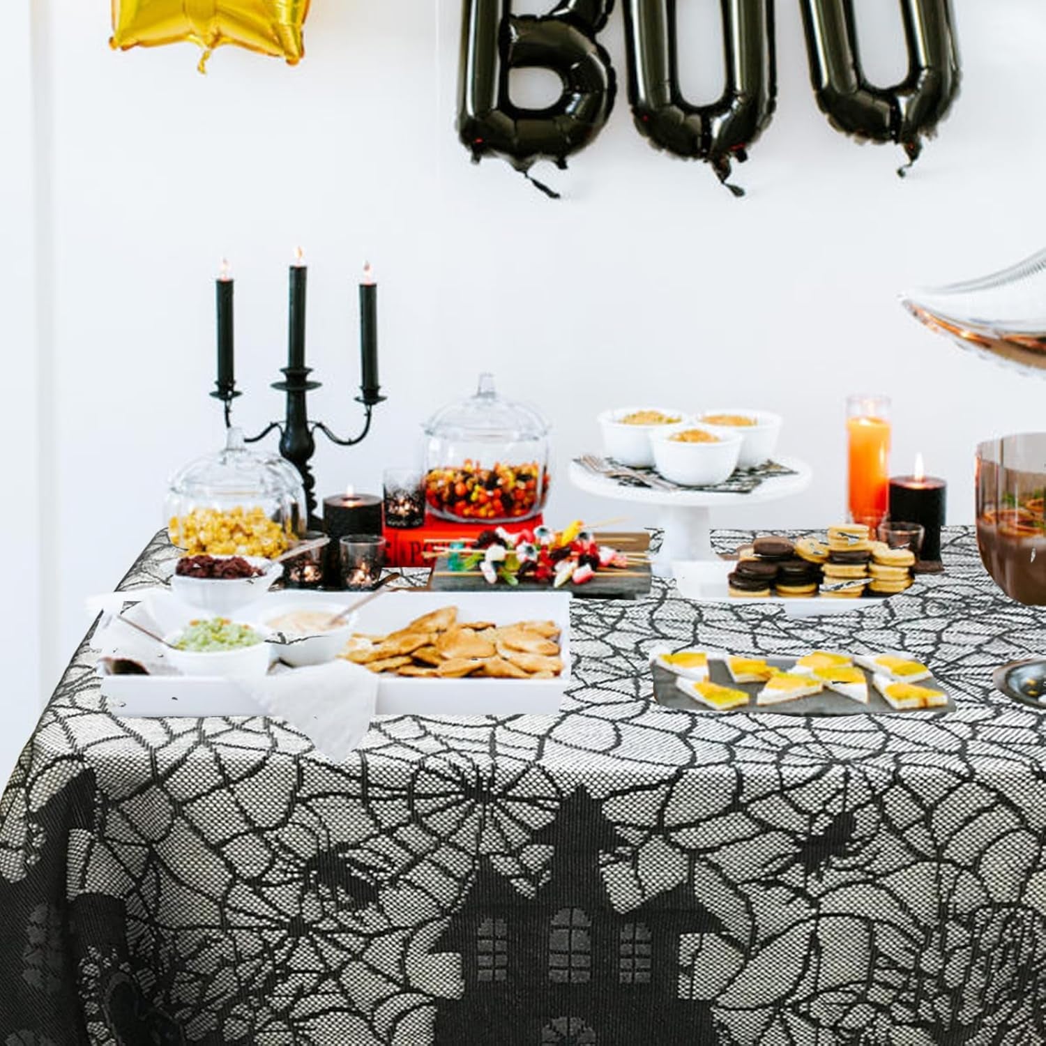 Halloween Tablecloth - Gothic Black Lace Spider Web Table Cover for Halloween Masquerade, Dinner Party, Scary Movie Nights Table Decorations - 53X68 Inches