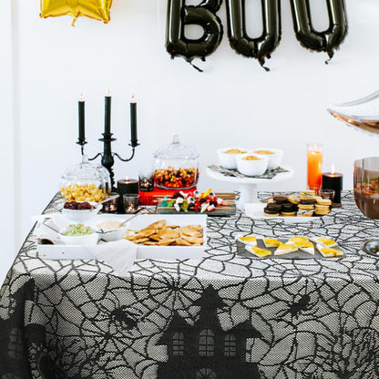 Halloween Tablecloth - Gothic Black Lace Spider Web Table Cover for Halloween Masquerade, Dinner Party, Scary Movie Nights Table Decorations - 53X68 Inches