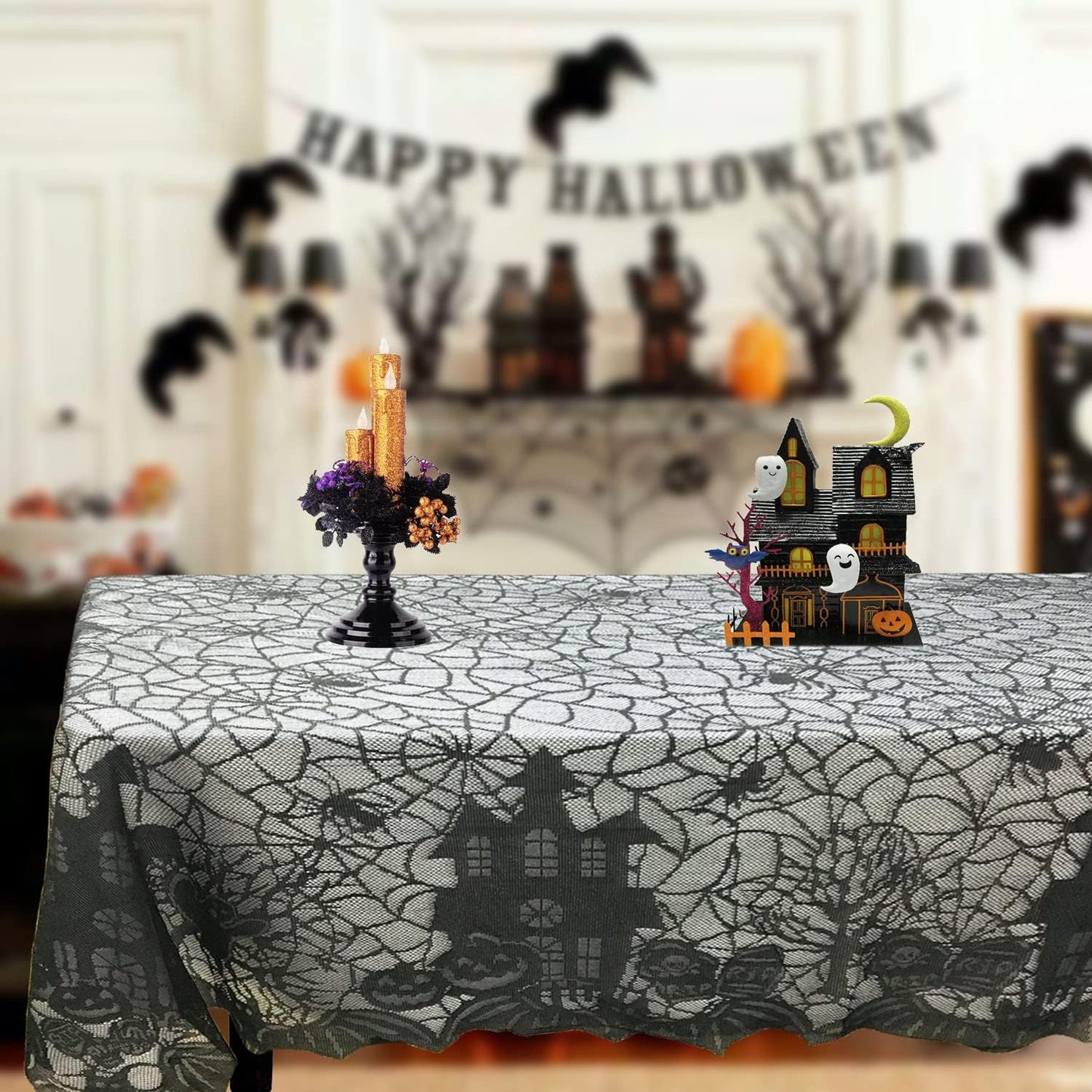 Halloween Tablecloth - Gothic Black Lace Spider Web Table Cover for Halloween Masquerade, Dinner Party, Scary Movie Nights Table Decorations - 53X68 Inches