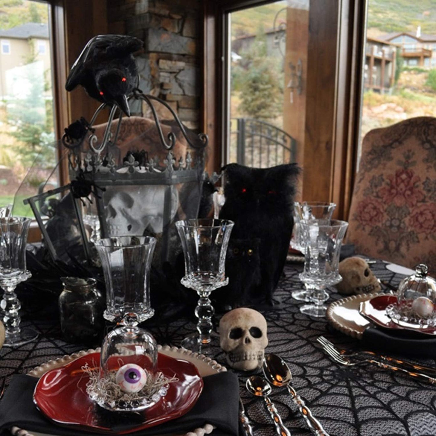 Halloween Tablecloth - Gothic Black Lace Spider Web Table Cover for Halloween Masquerade, Dinner Party, Scary Movie Nights Table Decorations - 53X68 Inches