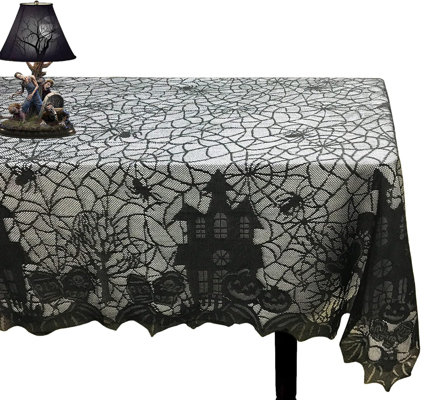 Halloween Tablecloth - Gothic Black Lace Spider Web Table Cover for Halloween Masquerade, Dinner Party, Scary Movie Nights Table Decorations - 53X68 Inches