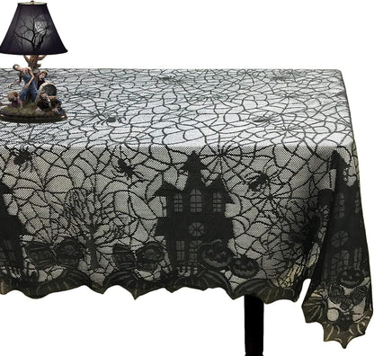 Halloween Tablecloth - Gothic Black Lace Spider Web Table Cover for Halloween Masquerade, Dinner Party, Scary Movie Nights Table Decorations - 53X68 Inches
