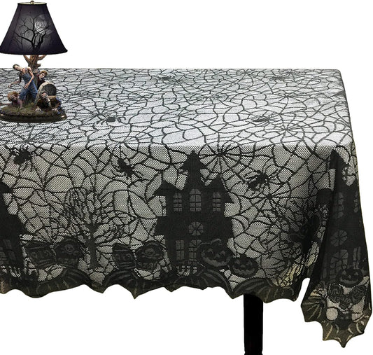 Halloween Tablecloth - Gothic Black Lace Spider Web Table Cover for Halloween Masquerade, Dinner Party, Scary Movie Nights Table Decorations - 53X68 Inches