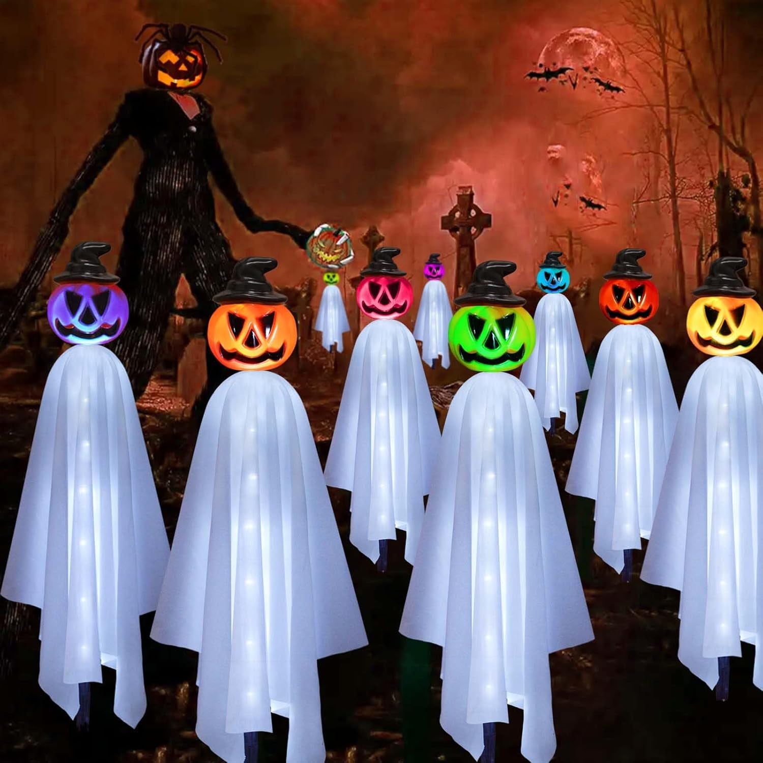 Upgraded Pumpkin Ghosts Halloween Decorations Outdoor, 4 Pack Waterproof Solar Ghosts Garden Stake Lights for Front Yard Patio Lawn Pathway Halloween Party Decorations