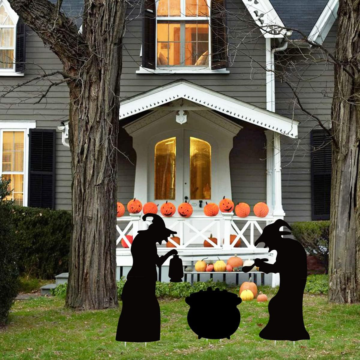 Witch Halloween Decorations Outdoor, 2 Large Black Witches with Cauldron, Scary Silhouette Yard Signs with Stakes, Corrugated Plastic, Waterproof Lawn Decorations for Kids Family Home Party