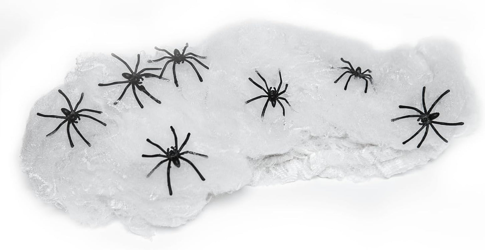 Halloween Spider Web Decoration, 200 Square Feet & Plastic Spiders, Halloween Party Supplies, Spider Webs (Small, 200 Sq Feet) (8 Fake Spiders Included)
